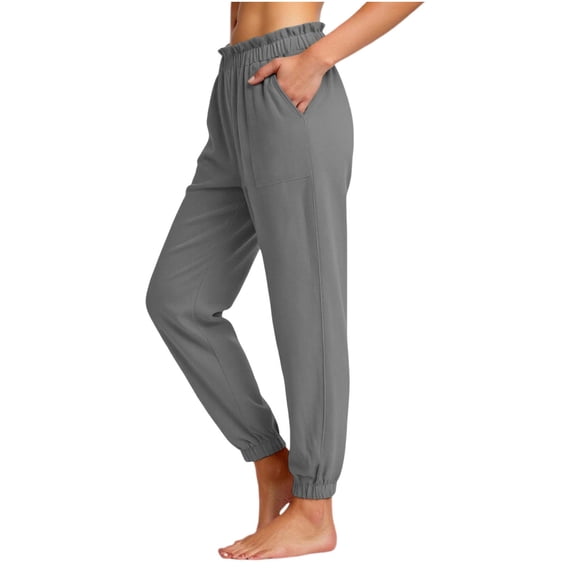 ANINEO Women Casual High Waist Loose Fit Elastic Ankle Pants With Pockets Straight Leg Trousers Comfortable Daily Wear Solid Color Boho Bottoms Female Slacks