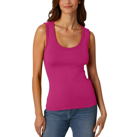 ANINEO Women Casual Low Round Neck Ribbed Casual T-Shirt Sleeveless Elastic Form Fitting Basic Vests Solid Color Versatile Daliywear