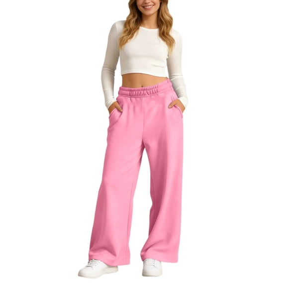 ANINEO Women Casual Pants Elastic Waist Wide Leg Sweatpants With Pockets Comfortable Loose Fit Trousers Solid Color Fashionable Daily Female Slacks