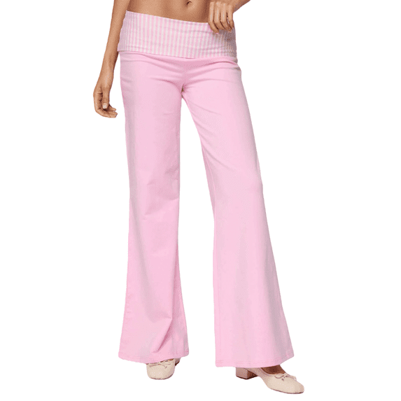 ANINEO Women Casual Pants With Fold Over Waist Loose Straight Leg Bottoms For Everyday Comfort And Modern Everyday Wear Solid Color Trendy Daily Female Trousers