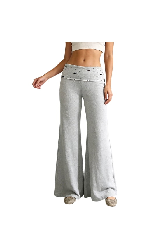 Women Casual Trousers Low Rise Relaxed Straight Leg Pants With Folded Waistband Comfortable Daily Wear Solid Color Trendy Bottoms Female Slacks