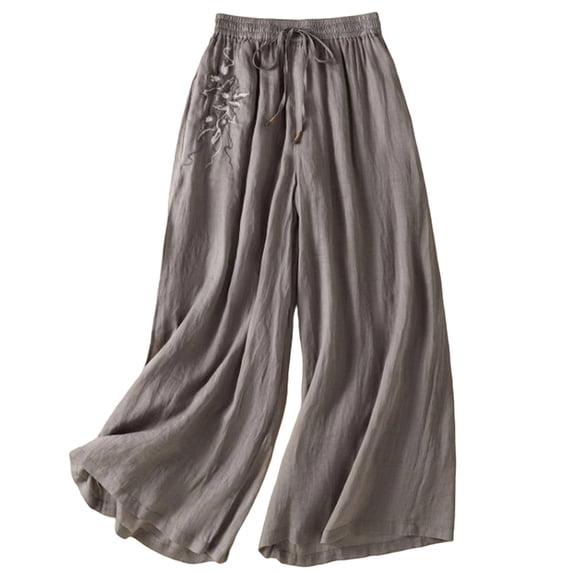 ANINEO Women Casual Wide Leg Pants With Embroidery Elastic Waist Flowy Straight Hem Summer Versatile Linen Trousers Solid Color Fashionable Daily Female Slacks