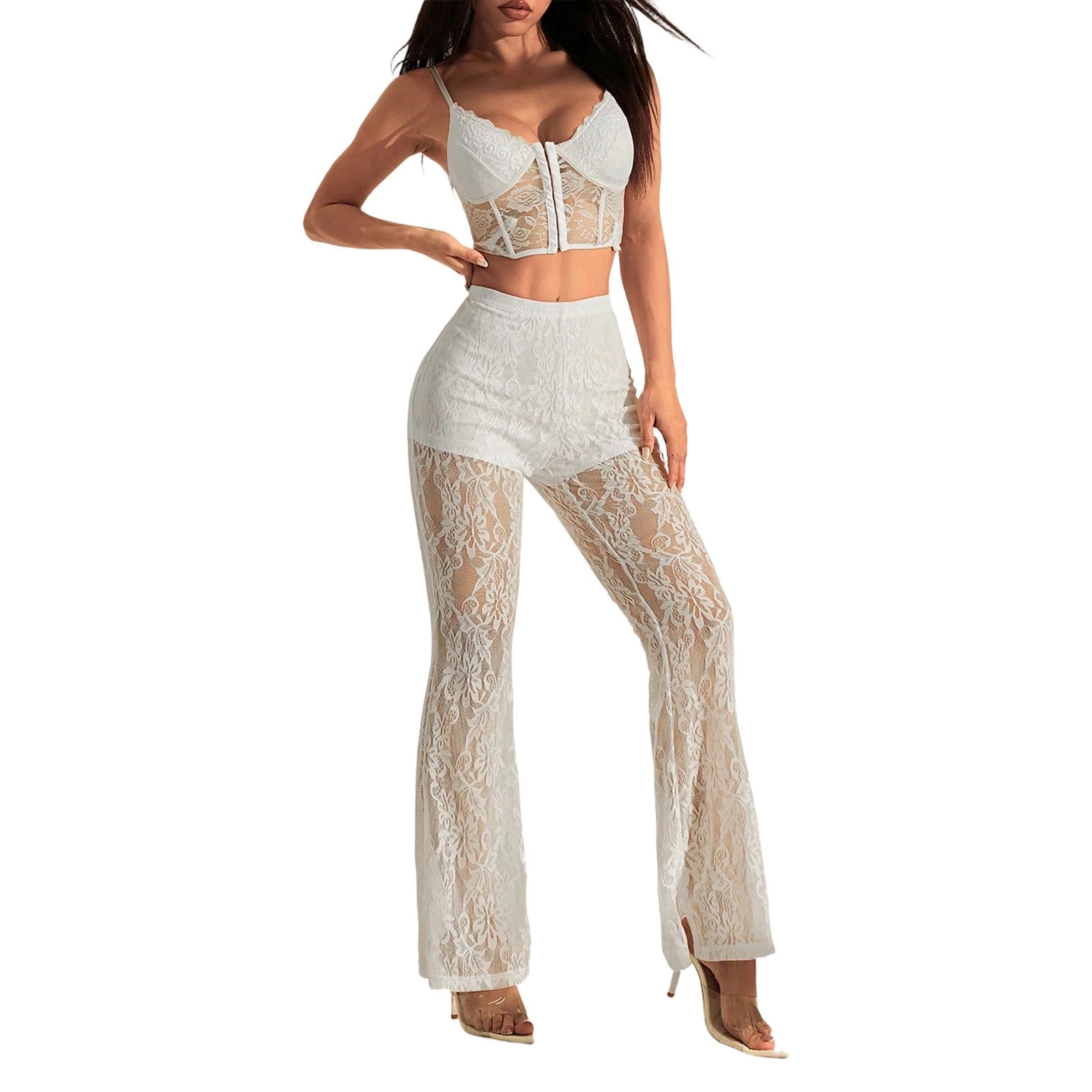 ANINEO Women Fashion Casual Pants With Lace Panel Detachable Layer Long ...