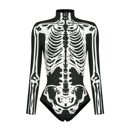 ANINEO Women Long Sleeve Graphic Printed Zipper Skin Tight Garment Party Romper Bodysuit Onesie