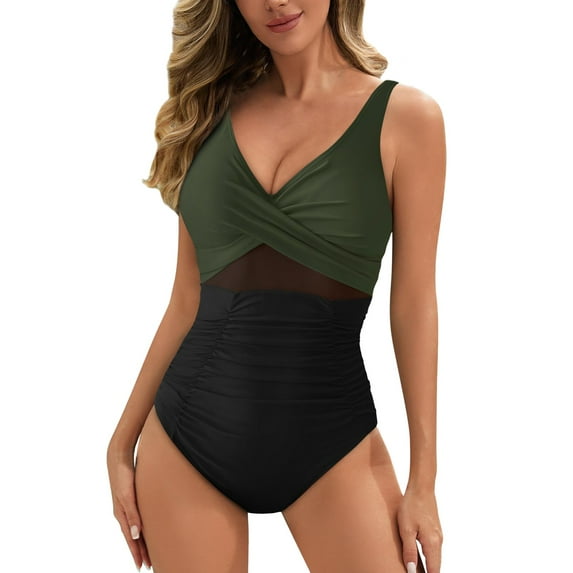 ANINEO Women Mesh Monokini Swimwear Push Up Padded Bikini Training Athletic Sport Shirred Tank Swimsuit Vintage Bathing Suits Stylish Hawaii Summer Tropical Brazilian Beachwear