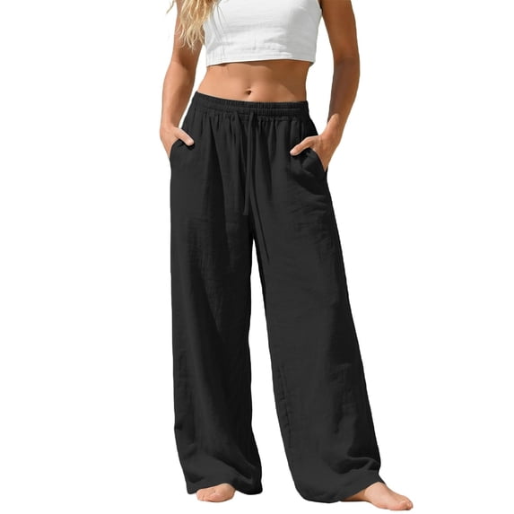 ANINEO Women Plus Size Linen Drawstring Pants With Pockets Loose Casual Joggers Breathable Summer Wide Leg Trousers Solid Color Birthday Daily Female Slacks