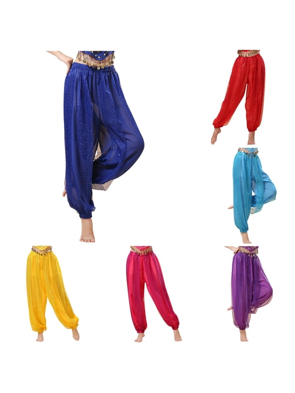 Women Sequin Pants Belly Dance Performance Dance Pants Chiffon Highlight Pants Classic Ladies Solid Color Summer Trousers