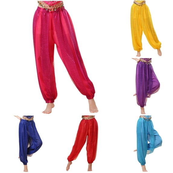 ANINEO Women Sequin Pants Belly Dance Performance Dance Pants Chiffon Highlight Pants Cozy Ladies Solid Color Summer Trousers