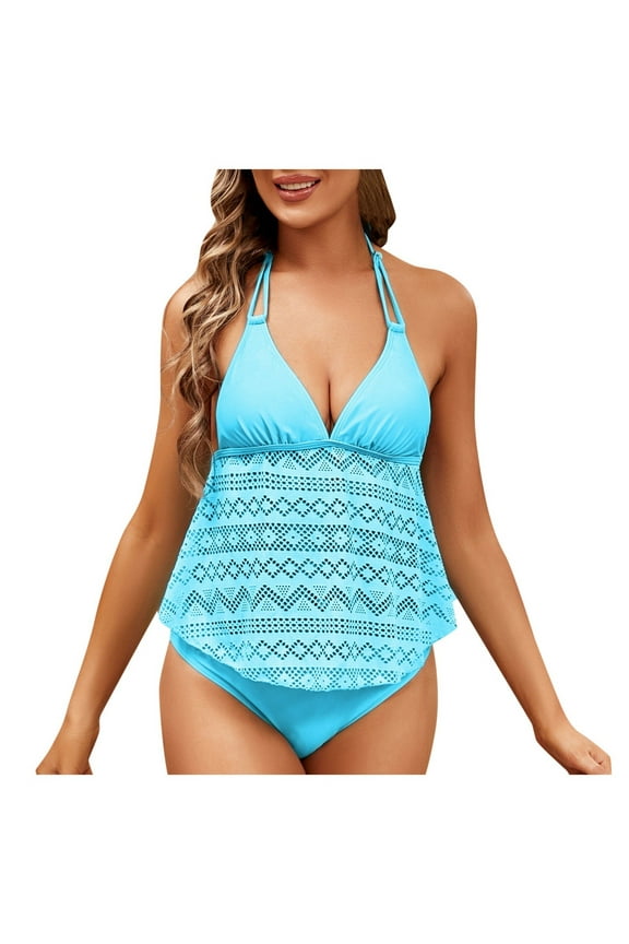 Women Swimwear Blue Sexy Halter Neck Strap Large Backless Tankini Swimsuit Comfort Hawaii Summer Tropical Brazilian Beachwear