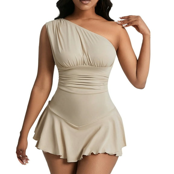 ANINEO Women Swimwear One Shoulder Ruffle Trim Sleeveless Jumpsuit Monokini Ruched Asymmetrical Romper Shorts Comfort Hawaii Summer Tropical Brazilian Beachwear