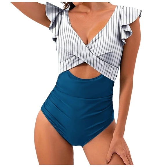 ANINEO Women Swimwear Ruffled Swimsuits V-Neck Hollow High Waist Bathing Suit Classic Hawaii Summer Tropical Brazilian Beachwear
