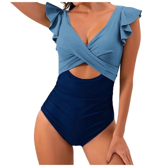 ANINEO Women Swimwear Ruffled Swimsuits V-Neck Hollow High Waist Bathing Suit Relaxed Fit Hawaii Summer Tropical Brazilian Beachwear