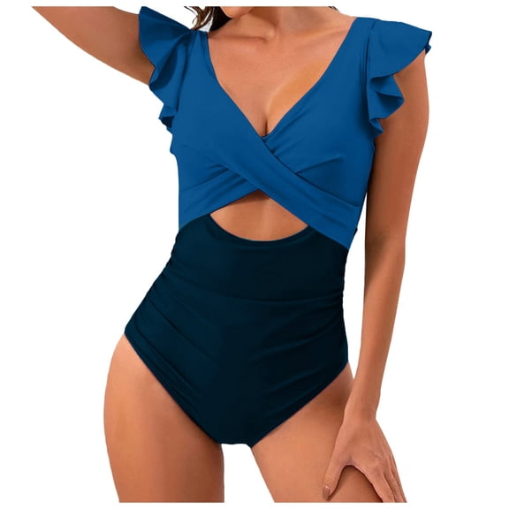 ANINEO Women Swimwear Ruffled Swimsuits V-Neck Hollow High Waist Bathing Suit Stylish Hawaii Summer Tropical Brazilian Beachwear