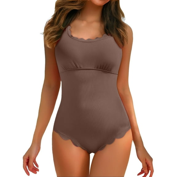 ANINEO Women Swimwear Scalloped Ribbed Swimsuits Retro Square Neck Bathing Suits Cute Hawaii Summer Tropical Brazilian Beachwear