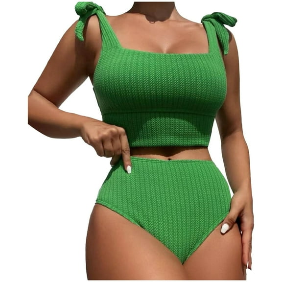ANINEO Women Swimwear Solid Color Knit Tight Fitting Backless High Waist 2PCS Swimsuit Breathable Hawaii Summer Tropical Brazilian Beachwear