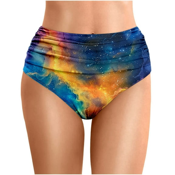 ANINEO Women Swimwear Summer Star Print Tummy Waist Length Pleated Beach Double Briefs Breathable Hawaii Tropical Brazilian Beachwear