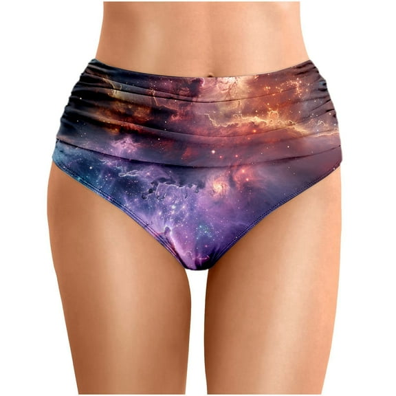 ANINEO Women Swimwear Summer Starry Sky Printed Waist Length Pleated Beach Double Layered Swim Trunks Soft Hawaii Tropical Brazilian Beachwear