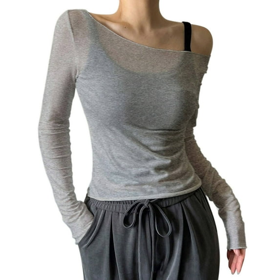 ANINEO Women's Sheer Mesh Off The Shoulder Tops Tee Long Sleeve See Through Shirts Going Out Party Club T-Shirts Solid Color Birthday Daliywear
