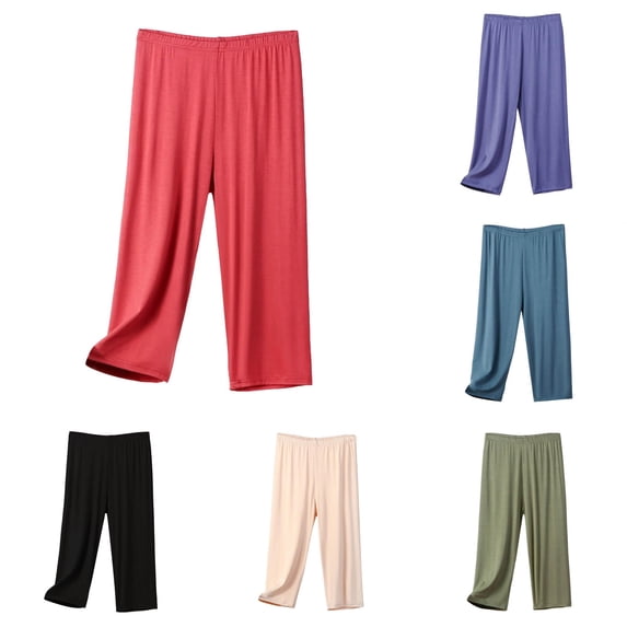 ANINEO Women's Summer Cropped Pants Thin Style Home Plus Size High Waist Pajamas Breathable Ladies Solid Color Trousers