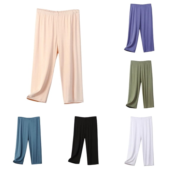 ANINEO Women's Summer Cropped Pants Thin Style Home Plus Size High Waist Pajamas Classic Ladies Solid Color Trousers