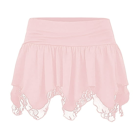 ANINEO Womens Lace Short Skirt Solid Color Low Waist Patchwork Flowy Ruffle Pleated Mini Skirts Streetwear Clothes