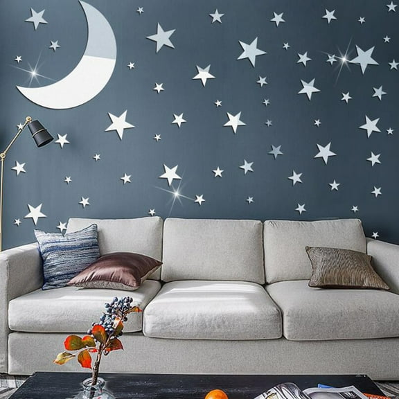 ANITYSO Mirror Wall Stickers Stars Moon Set Silver Acrylic DIY Decals Self Adhesive Peel and Stick