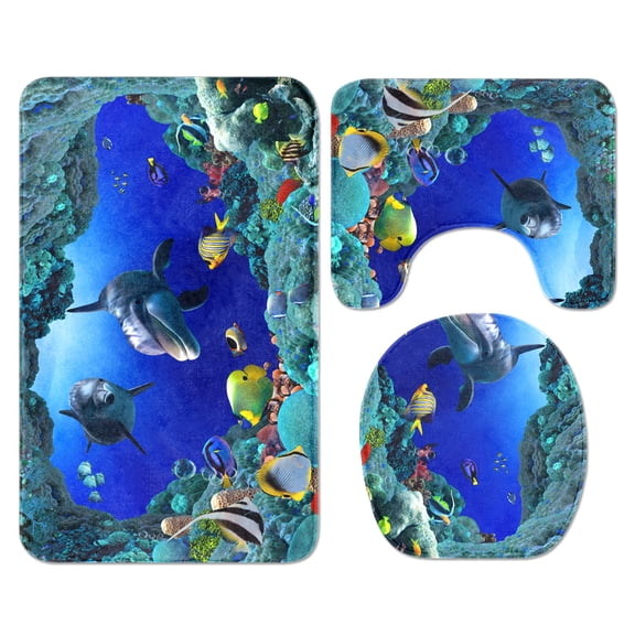 ANITYSO Modern Dolphin Pattern 3-Piece Blue Polyester Bath Rug Set