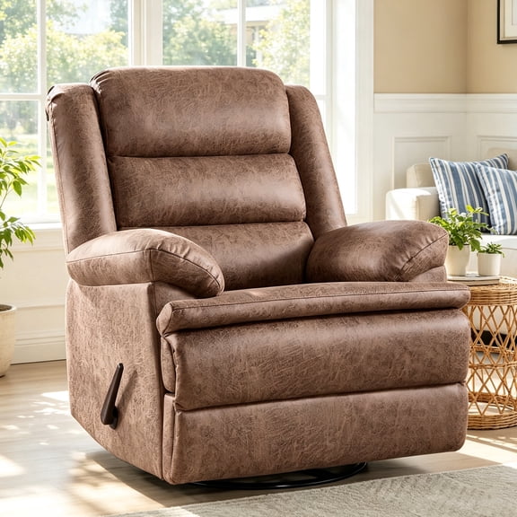 ZOY HOME Classic Swivel Rocker Recliner Chair, Manual Faux Leather Reclining Living Room Single Sofa with Side Handle & Overstuffed Arms, Light Brown