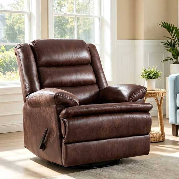 ZOY HOME Classic Swivel Rocker Recliner Chair, Manual Faux Leather Reclining Living Room Single Sofa with Side Handle & Overstuffed Arms, Light Brown