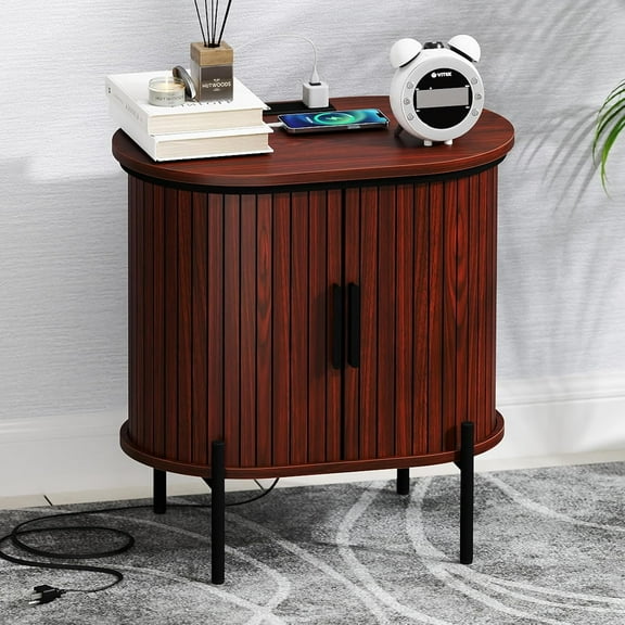 ANJ Fluted Nightstand with Charging Station, Bed Side Table, Mid Century Modern End Table with Storage for Bedroom Entryway, Walnut