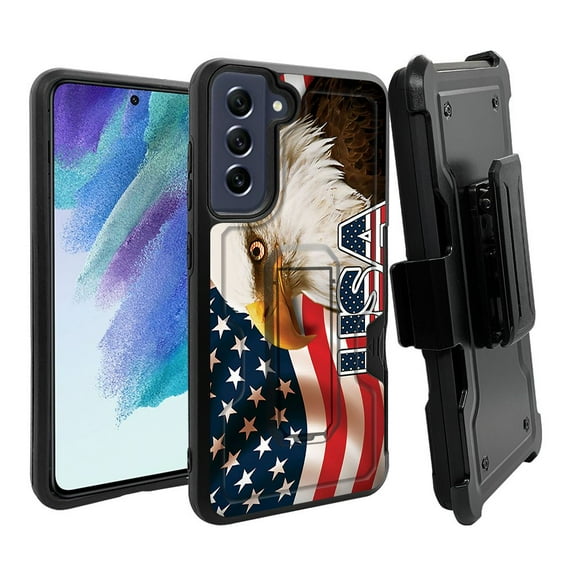 ANJ+ Rugged Dual Layer Hybrid Holster Kickstand Case w/ Card Slot + Tempered Glass Cover for Samsung Galaxy S21 FE 5G - American Eagle 2