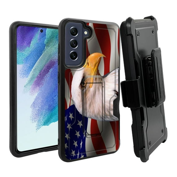 ANJ+ Rugged Dual Layer Hybrid Holster Kickstand Case w/ Card Slot + Tempered Glass Cover for Samsung Galaxy S21 FE 5G - American Eagle 3