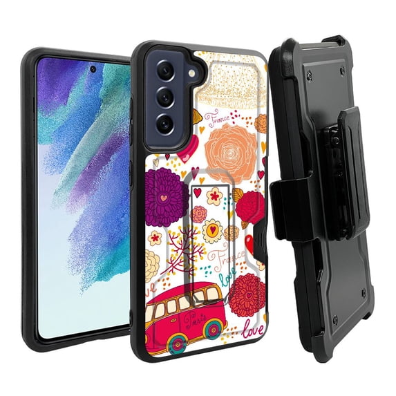 ANJ+ Rugged Dual Layer Hybrid Holster Kickstand Case w/ Card Slot + Tempered Glass Cover for Samsung Galaxy S21 FE 5G - France Love