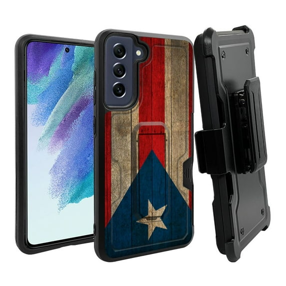 ANJ+ Rugged Dual Layer Hybrid Holster Kickstand Case w/ Card Slot + Tempered Glass Cover for Samsung Galaxy S21 FE 5G - Puerto Rico Flag on Plank
