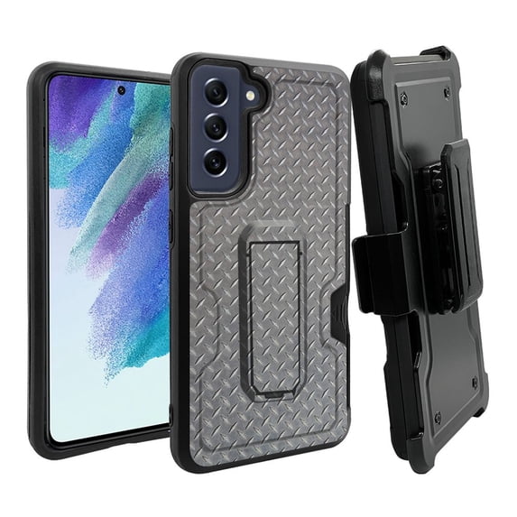ANJ+ Rugged Dual Layer Hybrid Holster Kickstand Case w/ Card Slot + Tempered Glass Cover for Samsung Galaxy S21 FE 5G - Silver Steel Plate