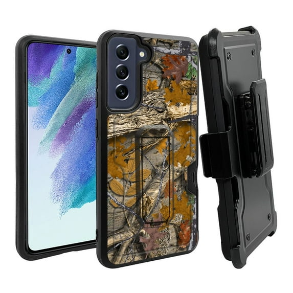 ANJ+ Rugged Dual Layer Hybrid Holster Kickstand Case w/ Card Slot + Tempered Glass Cover for Samsung Galaxy S21 FE 5G - Summer Tree Camo