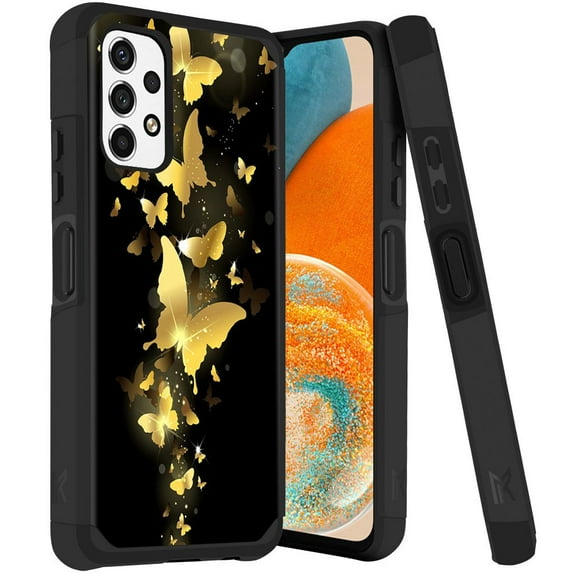 ANJ+ Rugged Dual Layered Shockproof Slim Hybrid Case + Tempered Glass Cover Compatible with Samsung Galaxy A23 5G - Golden Butterfly