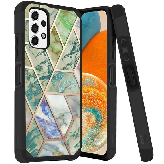 ANJ+ Rugged Dual Layered Shockproof Slim Hybrid Case + Tempered Glass Cover Compatible with Samsung Galaxy A23 5G - Nordic Marble Pattern (Green)