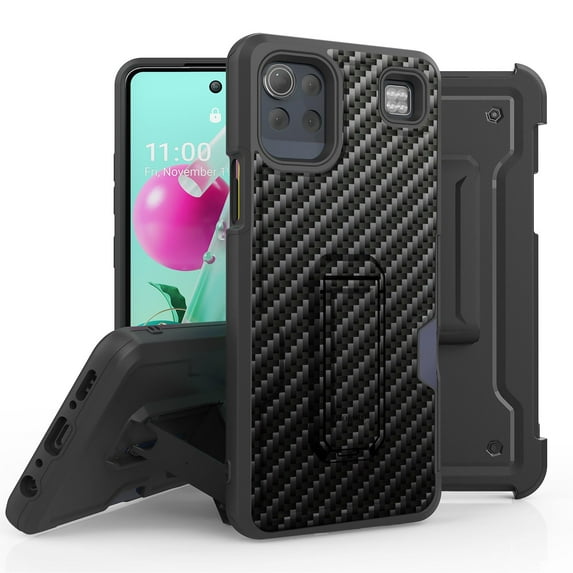 ANJ+ Rugged Hybrid Shockproof Case w/Kickstand + Holster Clip Card Slot Cover for LG K92 5G - Carbon Fiber Print