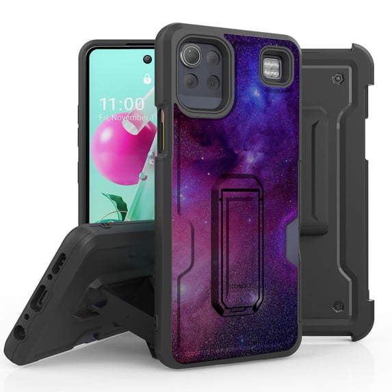 ANJ+ Rugged Hybrid Shockproof Case w/Kickstand + Holster Clip Card Slot Cover for LG K92 5G - Galaxy Stars