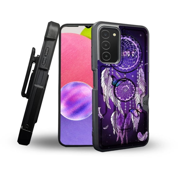 ANJ+ Rugged Shockproof Holster Case Card Slot Kickstand + Tempered Glass Cover for Samsung Galaxy A03s - Butterfly Dreamcatcher