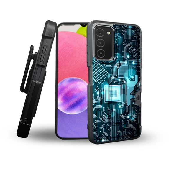 ANJ+ Rugged Shockproof Holster Case Card Slot Kickstand + Tempered Glass Cover for Samsung Galaxy A03s - Circuit Board