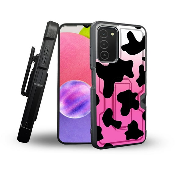 ANJ+ Rugged Shockproof Holster Case Card Slot Kickstand + Tempered Glass Cover for Samsung Galaxy A03s - Pink Gradient Cow Print