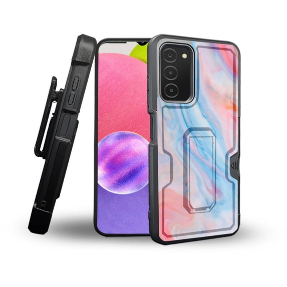 ANJ+ Rugged Shockproof Holster Case Card Slot Kickstand + Tempered Glass Cover for Samsung Galaxy A03s - Rainbow Marbling