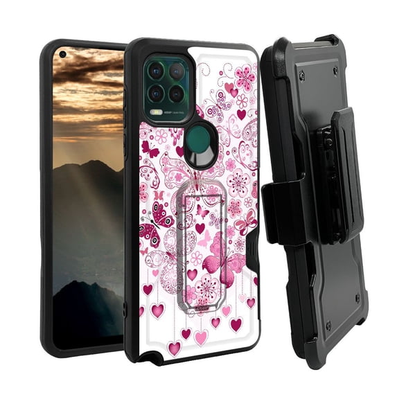ANJ+ Rugged Shockproof Holster Case w/Card Slot, Kickstand + Tempered Glass for Motorola Moto G Stylus 5G - Butterfly Hearts