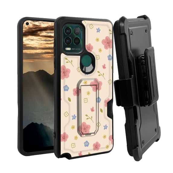ANJ+ Rugged Shockproof Holster Case w/Card Slot, Kickstand + Tempered Glass for Motorola Moto G Stylus 5G - Cute Sakura