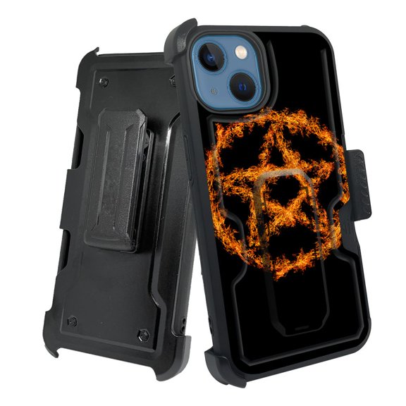 ANJ+ Rugged Shockproof Holster Case w/Card Slot, Kickstand + Tempered Glass for iPhone 13 (6.1") - Fiery Pentagram
