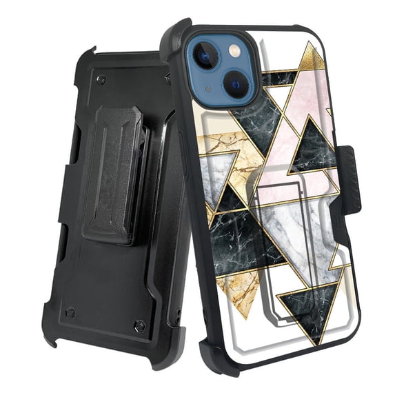 ANJ+ Rugged Shockproof Holster Case w/Card Slot, Kickstand + Tempered Glass for iPhone 13 (6.1") - Marble Puzzle
