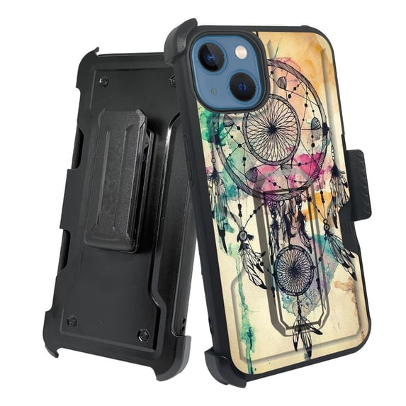 ANJ+ Rugged Shockproof Holster Case w/Card Slot, Kickstand + Tempered Glass for iPhone 13 (6.1") - Watercolor Dreamcatcher