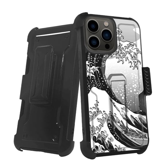 ANJ+ Rugged Shockproof Holster Case w/Card Slot, Kickstand + Tempered Glass for iPhone 13 Pro (6.1") - Japanese Waves